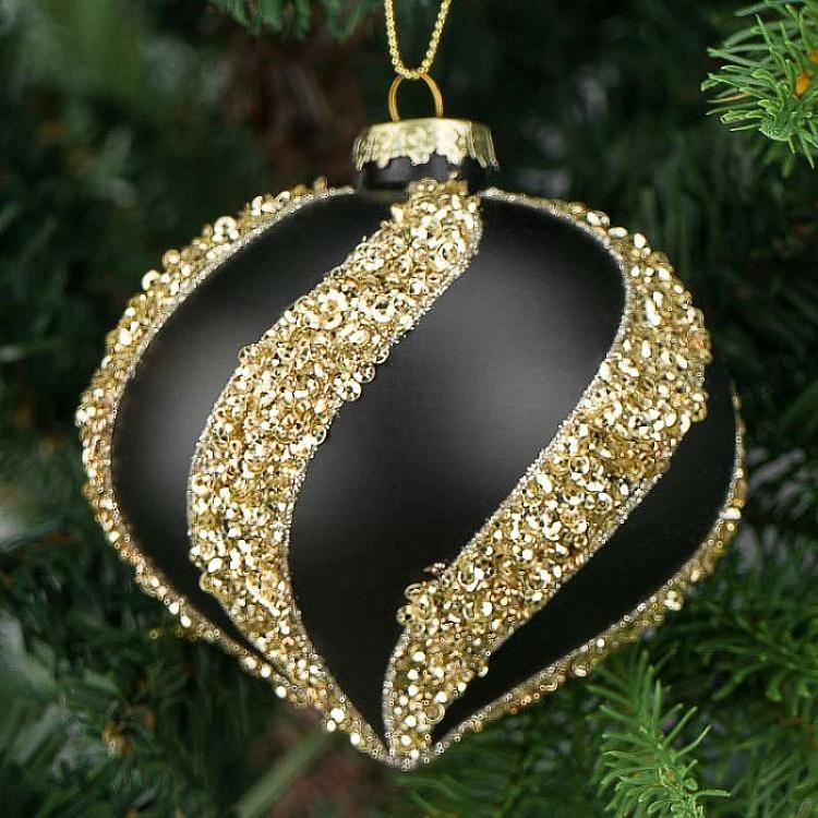 Набор из двух полосатых чёрных с золотом ёлочных шаров  Set Of 2 Glass Sequence Stripe Balls Black 10 cm