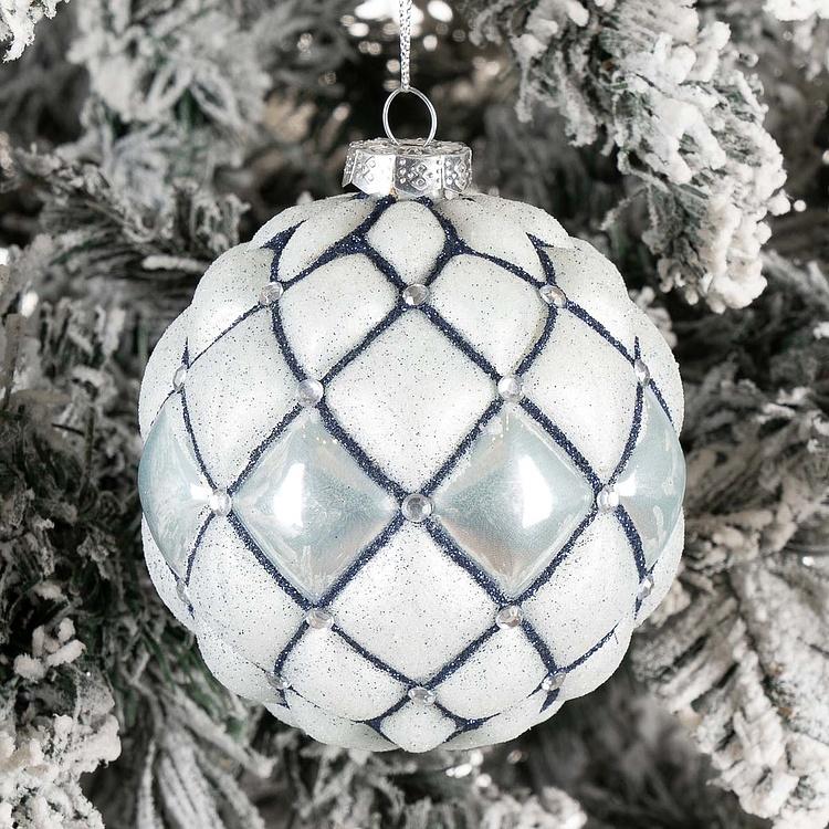 Ёлочная игрушка Клетчатый белый шар с бусинами Checkered Ball With Beads Blue 10 cm