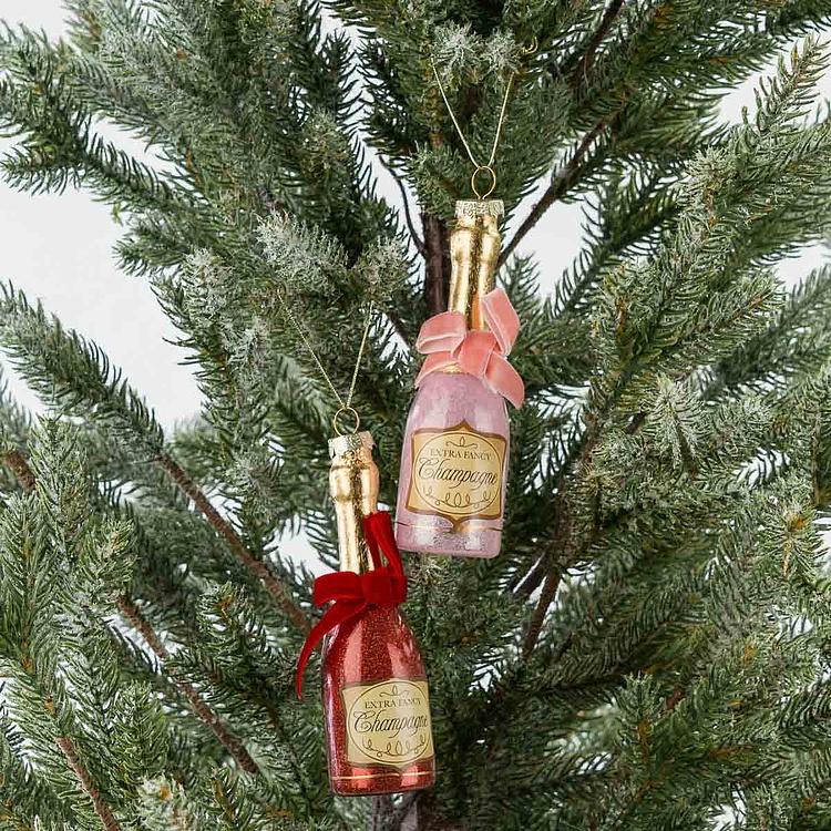 Набор из двух ёлочных игрушек Шампанское красное и розовое Set Of 2 Glass Hangers Champagne Red And Pink 13 cm