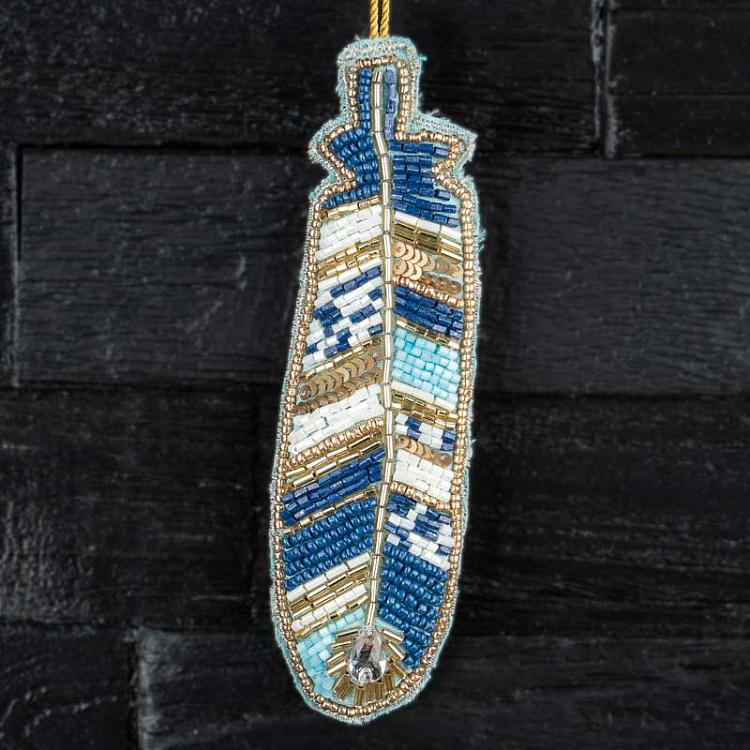 Ёлочная игрушка из бисера Голубое перо Feather Beads Blue 15 cm