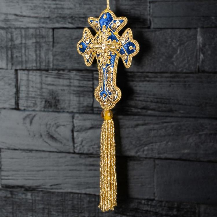 Новогодняя подвеска Голубой крест с золотой кисточкой Cross Pendant Blue/Gold 24 cm