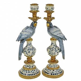 Set Of 2 Candle Holders Parrots Blue
