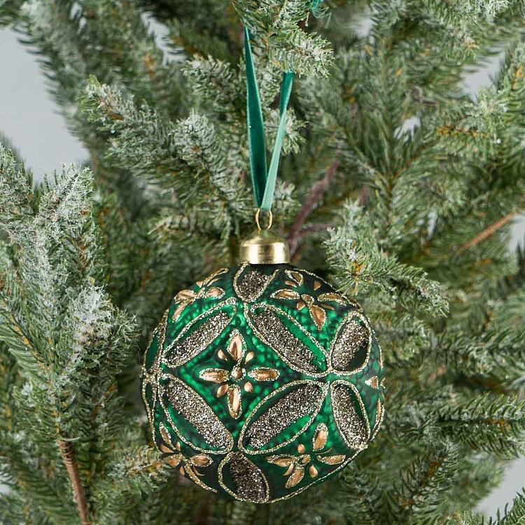 Ёлочная игрушка Зелёный многогранный шар с золотыми цветами, M Golden Flowers Multifaceted Ball Green 10 cm