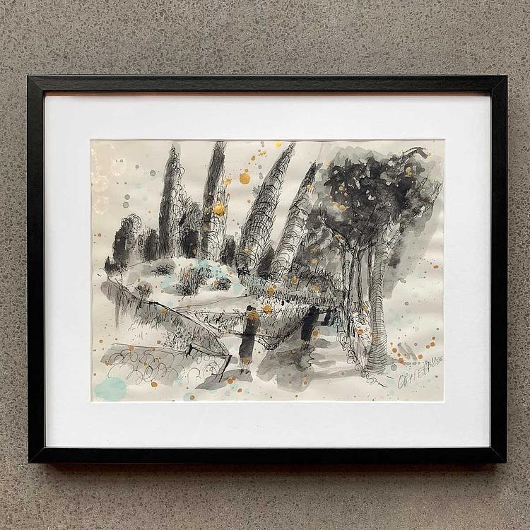 Рисунок тушью с золотом Природный парк дель Инсугерата Parco Dell Insugherata Drawing With Gold