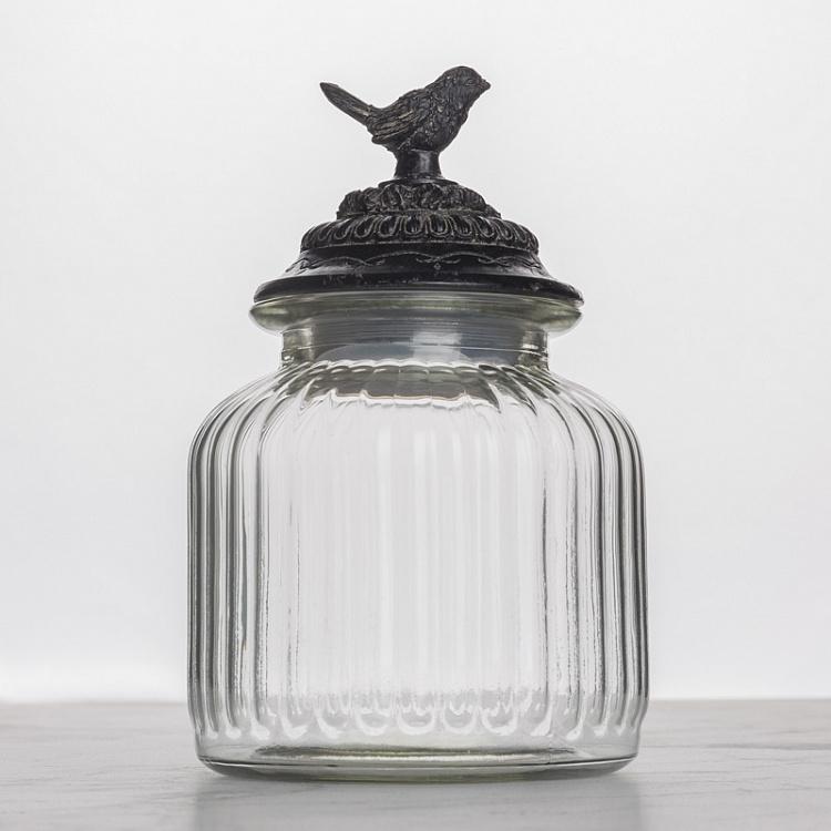 Glass Jar Round With Cork Metal Bird