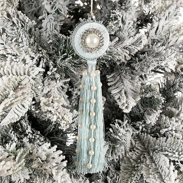 Новогодняя подвеска с жемчужинами и голубой кисточкой Tassel With Pearls Light Blue 21 cm