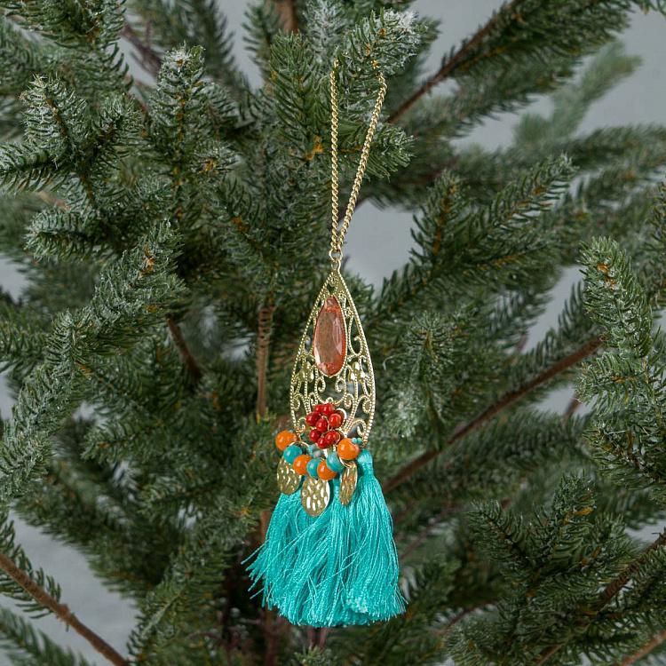 Новогодняя подвеска с бирюзовой кисточкой Metal Pendant With Turquoise Tassel 13 cm