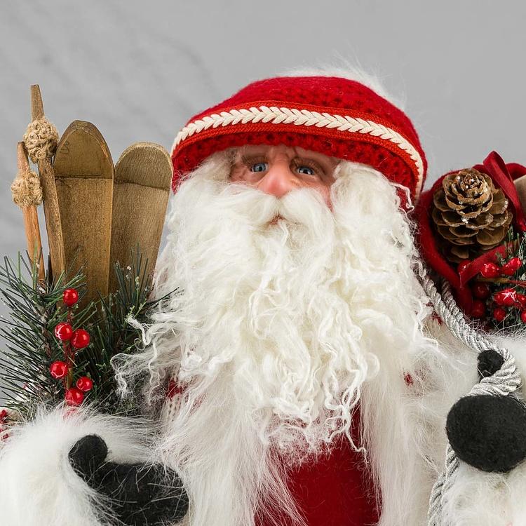 Новогодняя фигурка Лесной Санта в белой шубе и с лыжами Forest Santa Claus In White Fur Coat With Skis 48 cm