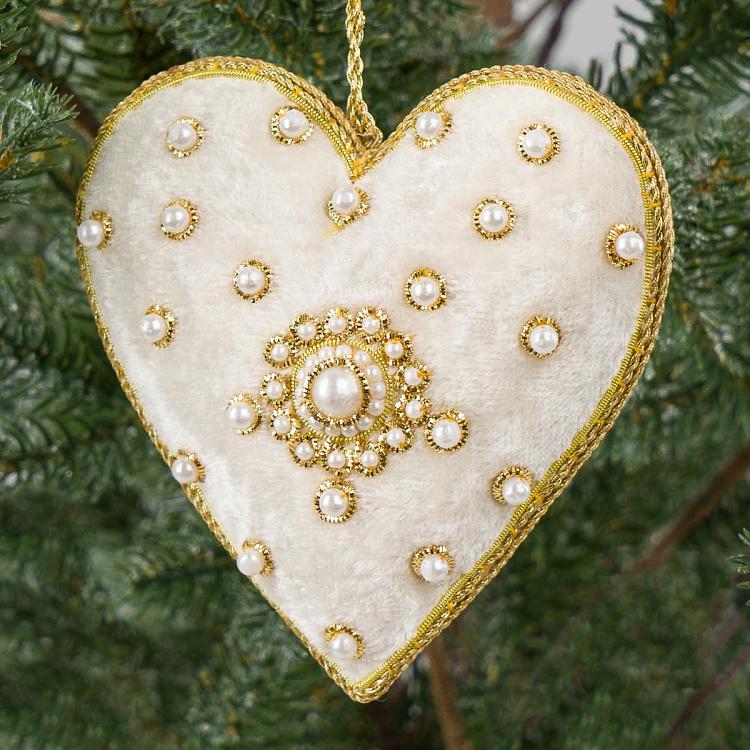 Ёлочная игрушка Белое барахатное сердце с жемчужинками White Velvet Heart With Pearls 10 cm