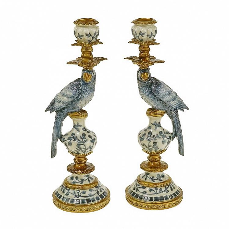 Set Of 2 Candle Holders Parrots Blue Small