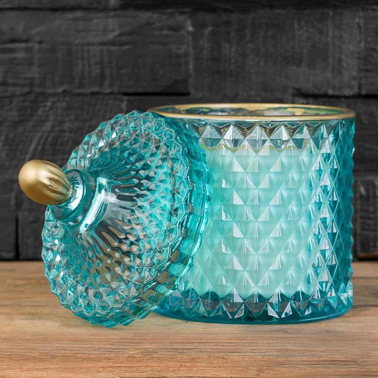 Арома-свеча в голубом фасетном стакане Огурец, L Aroma Candle In Blue Faceted Glass Cucumber Large