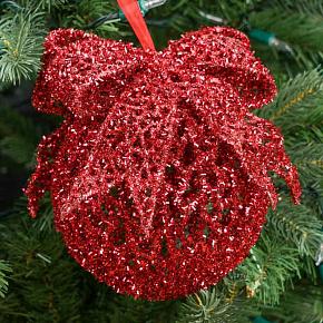 Tinsel Open Net Ball With Bow Red 18 cm