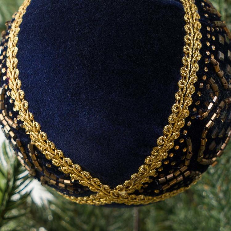 Ёлочная игрушка Текстильный шар индиго с золотистым узором Gold Pattern Textile Ball Indigo 9 cm