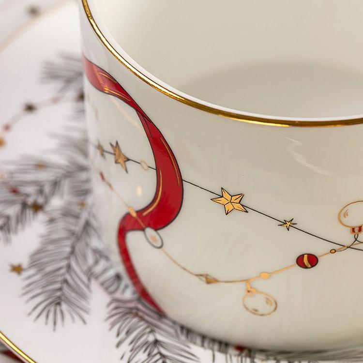 Чайная пара Новогодняя с красной лентой на чашке New Year Pine Tea Cup And Saucer