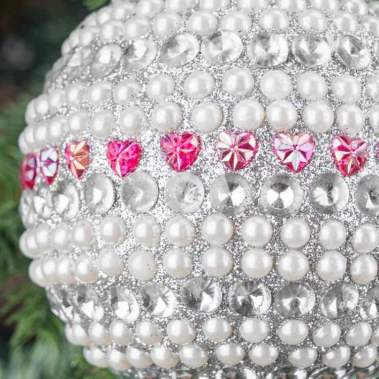 Ёлочная игрушка Серебристый Шар с жемчугом и сердечками Pearls And Pink Hearts Ball Silver 9 cm