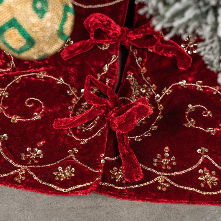 Бордовый коврик-юбка под ёлку большой с золотыми пайетками Gold Beads Christmas Tree Skirt Burgundy 120&nbsp;cm