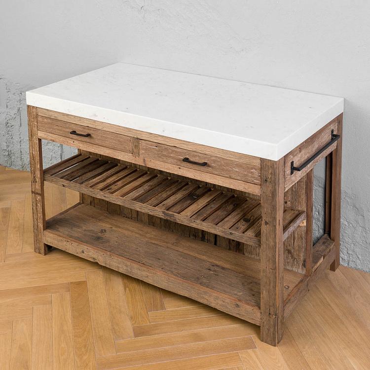 Кухонный стол-остров с мраморной столешницей Грета Greta Marble Top Kitchen Counter Reclaimed Wood