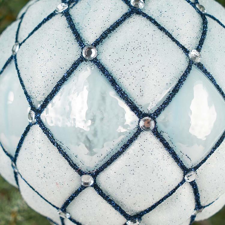 Ёлочная игрушка Клетчатый белый шар с бусинами Checkered Ball With Beads Blue 10 cm