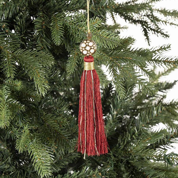 Новогодняя подвеска Красная кисточка с жемчужинами Pearl Pendant With Red Tassel 17 cm