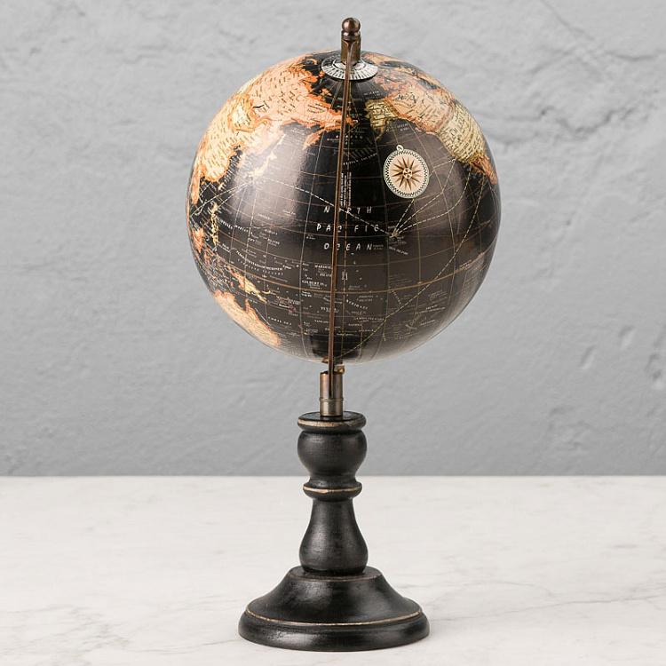 Винтажный чёрный глобус на деревянном основании Vintage Globe Black On Black Base Mango Wood