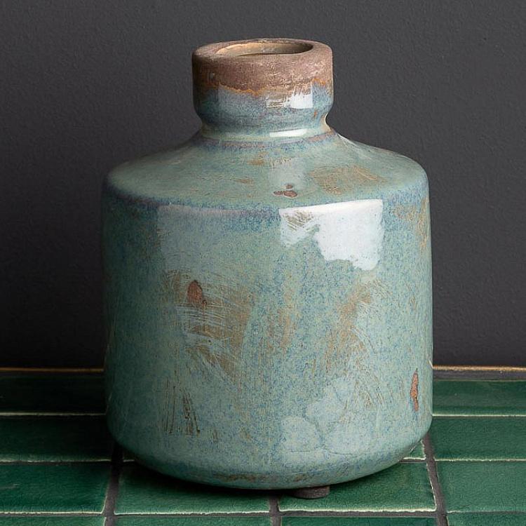 Низкая серо-голубая керамическая ваза Бутыль Bottle Vase Grey Blue Low