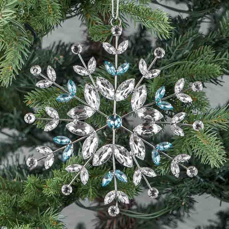 Ёлочная игрушка Серебристая снежинка с прозрачными и голубыми стразами, L Transparent Blue Stones Snowflake Silver 17 cm