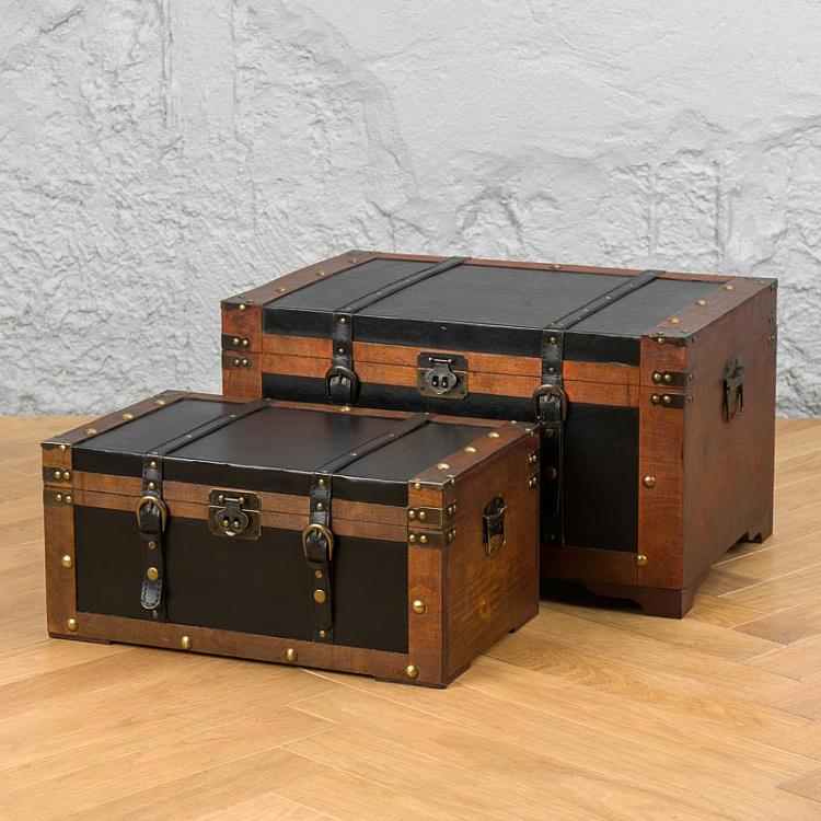 Набор из двух сундуков из искусственной кожи и дерева, L Set Of 2 Trunk Faux Leather Suitcase Boxes Black Brown Large