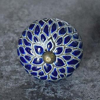 Etched Dark Blue Dahlia Ceramic Knob