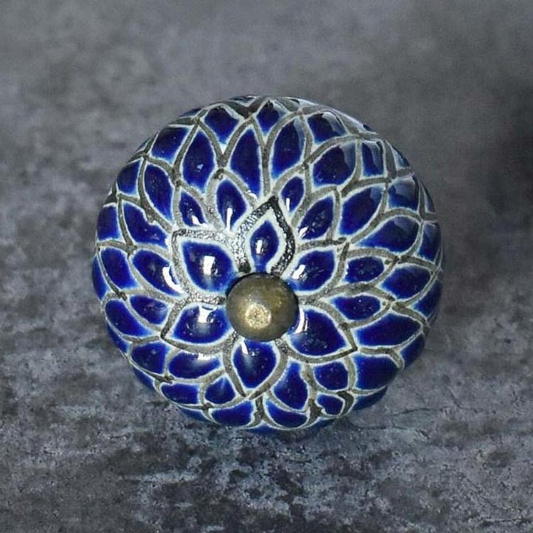 Керамическая мебельная ручка Синий георгин Etched Dark Blue Dahlia Ceramic Knob