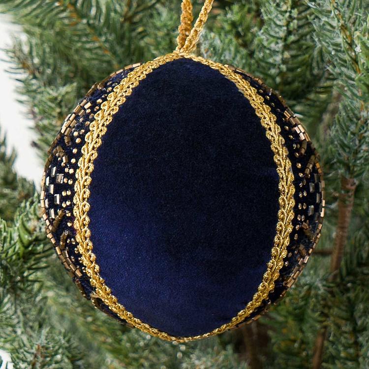 Ёлочная игрушка Текстильный шар индиго с золотистым узором Gold Pattern Textile Ball Indigo 9 cm