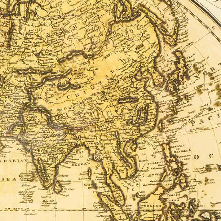 Винтажная картина-принт в чёрной с золотом раме Старинные карты Восточного полушария, 1831 Vintage Maps Eastern Hemisphere 1831, MP2 Frame