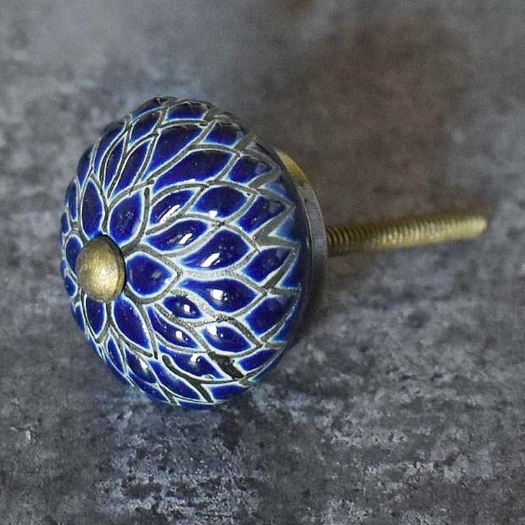 Керамическая мебельная ручка Синий георгин Etched Dark Blue Dahlia Ceramic Knob