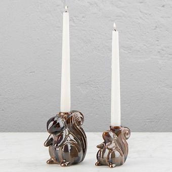 Set Of 2 Stoneware Squirrel Candle Holder Brown