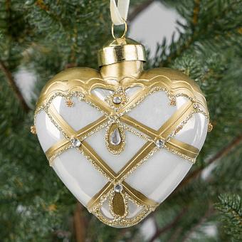 Ёлочная игрушка White Golden Pattern And Rhinestones Heart White 8 cm