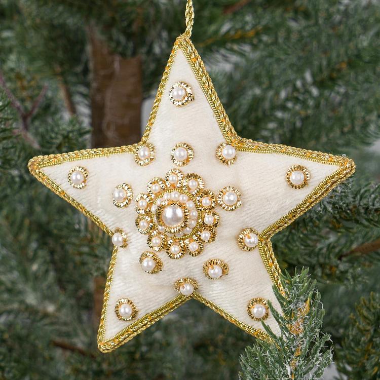 Ёлочная игрушка Белая барахатная звезда с жемчужинками White Velvet Star With Pearls 10 cm