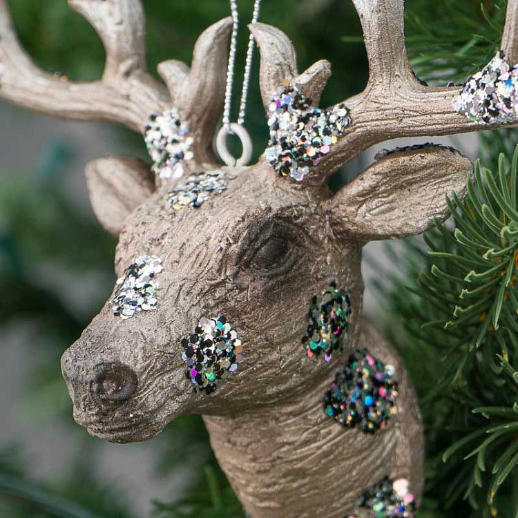 Ёлочная игрушка Голова оленя цвета шампань в блёстках Hanger Deer Head Champagne With Glitter 16 cm
