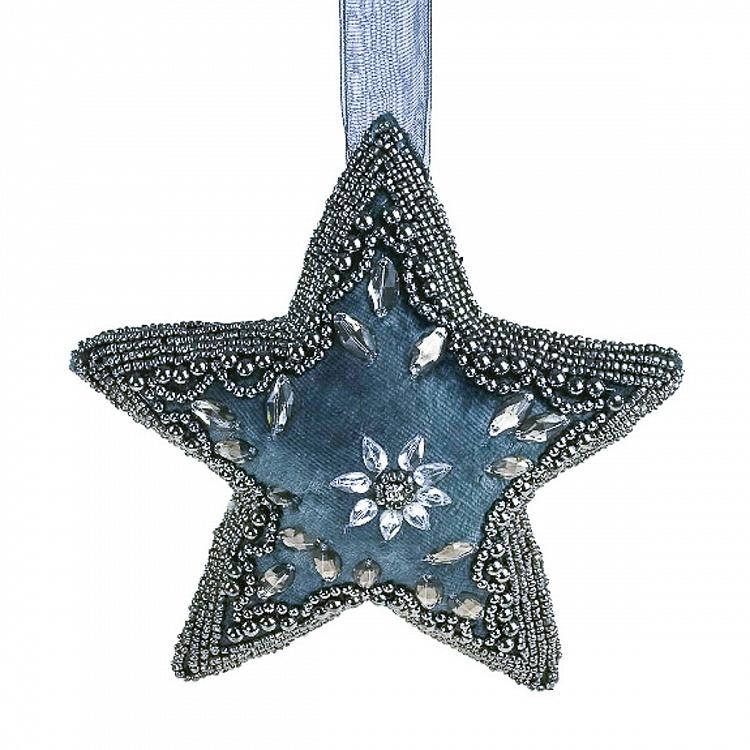 Ёлочная игрушка Серо-голубая бархатная звезда со стразами Beaded Hanger Star Grey Silver 20 cm