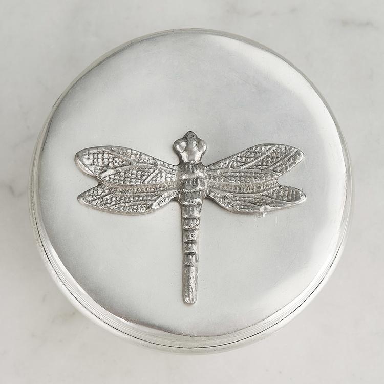 Круглая серебристая шкатулка со стрекозой Dragonfly Round Box Silver