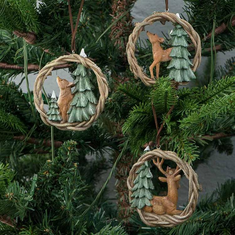 Набор из трёх ёлочных игрушек Олени и лиса в венке Set Of 3 Deers And Fox In Wreath 10 cm