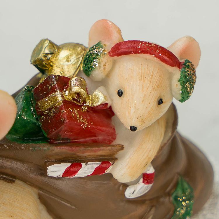 Набор из двух новогодних фигурок Мышки с мешками подарков Set Of 2 Xmas Mice With Gift Bag Brown Red White 12 cm