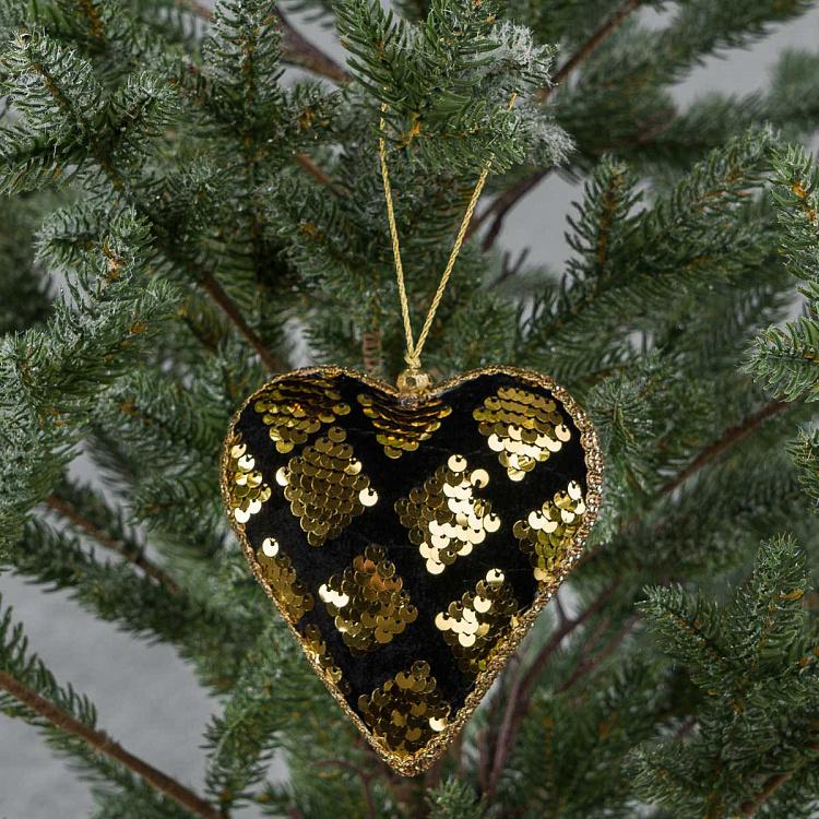 Ёлочная игрушка Чёрно-золотое сердце с пайетками Sequins Heart Black And Gold 12 cm