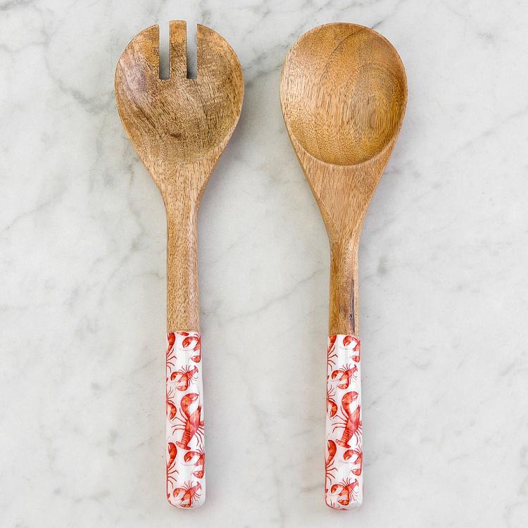 Набор из двух салатных ложек из дерева манго Лобстеры Set Of 2 Salad Servers Lobsters Mango Wood