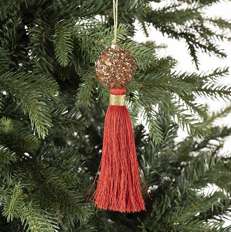 Новогодняя подвеска Красная кисточка с шаром из бисера Bead Ball Pendant With Red Tassel 16 cm