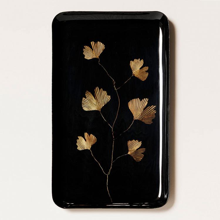 Железный поднос с узором Гинкго чёрно-золотистого цвета Ginkgo Black And Gold Trinket Tray