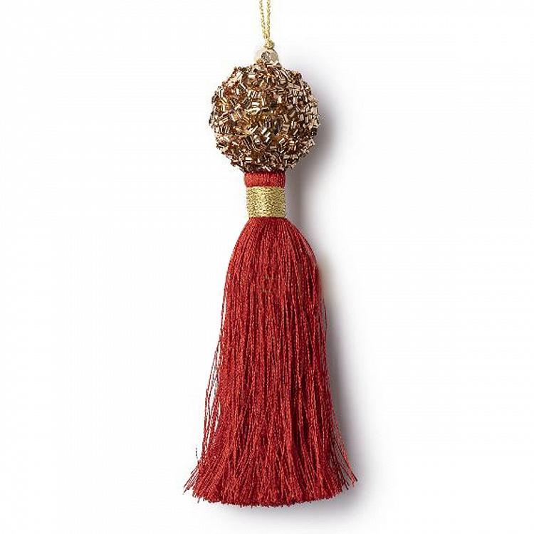 Новогодняя подвеска Красная кисточка с шаром из бисера Bead Ball Pendant With Red Tassel 16 cm