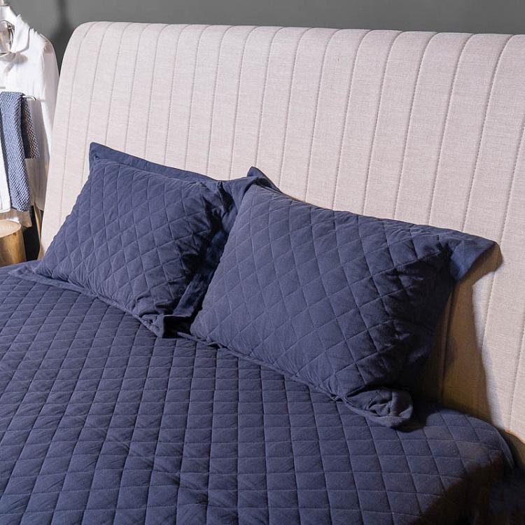 Комплект стеганых наволочек и покрывала синего цвета Хэмптон  Hampton Linen Quilted Bed Cover Set Deep Blue 240x260 cm
