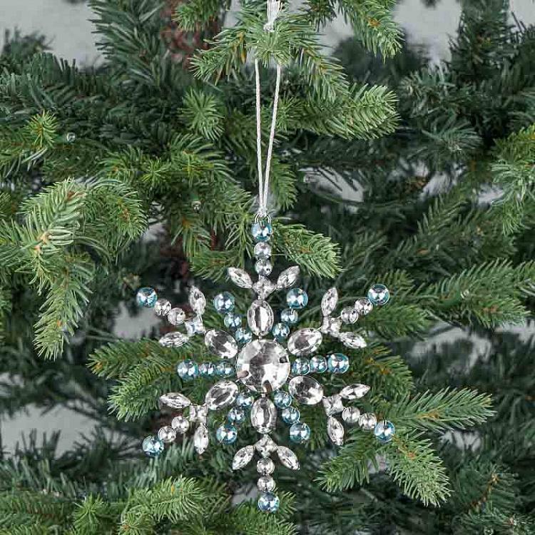 Ёлочная игрушка Серебристая снежинка с голубыми стразами Silver Blue Stones Snowflake Silver 15 cm