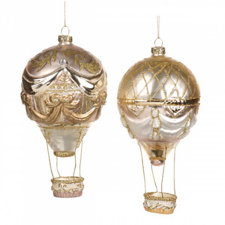 Набор из двух стеклянных ёлочных игрушек Воздушные шары Set Of 2 Glass Hot Air Balloons Gold Cream 16 cm