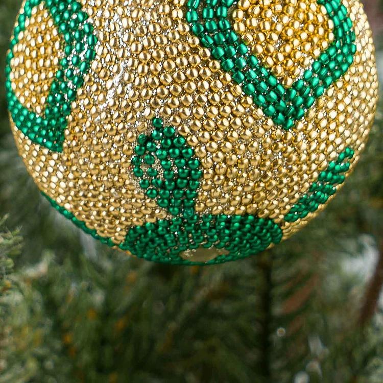 Ёлочная игрушка Шар с узором из золотого и зелёного бисера, XS Beads Ball Gold And Green 7 cm