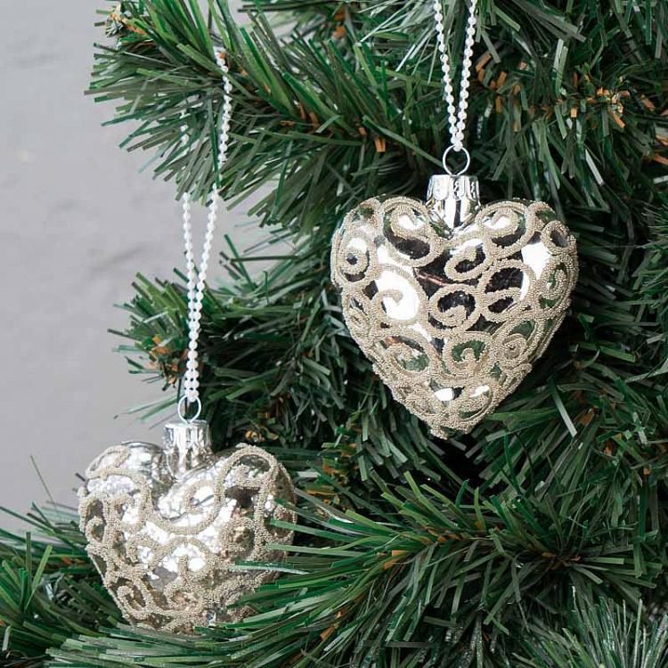 Набор из двух ёлочных игрушек Серебряные сердца с бисером Set Of 2 Xmas Hearts With Beads 9 cm